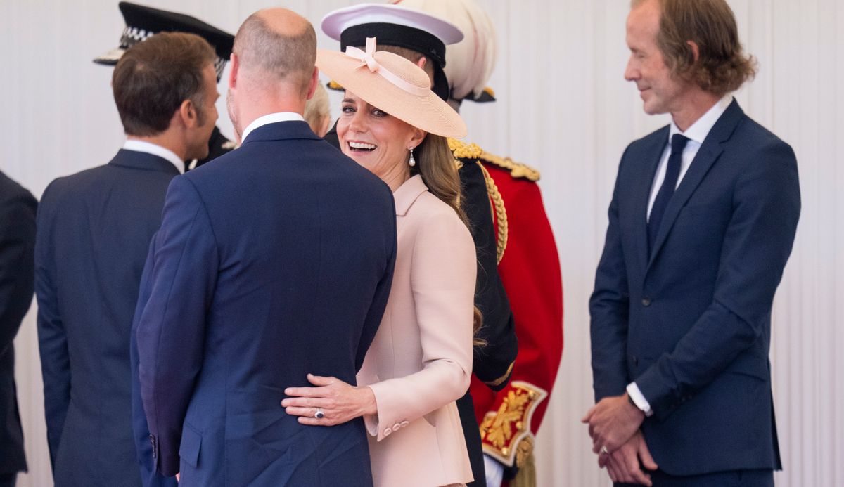 WINDSOR, ENGLAND - JULY 8: Prince William, Prince of Wales and Catherine, Princess of Wales during the formal welcome at the Royal Dais on July 8, 2025 in Windsor, England. President Emmanuel Macron and Mrs Brigitte Macron visit the UK in the first visit State Visit made by France in 17 years. They are staying at Windsor Castle, hosted by King Charles III and Queen Camilla, and a banquet will be held there in their honour. The Macrons will visit Imperial College, and the President will address Parliament during his stay. (Photo by Mark Cuthbert/UK Press via Getty Images)