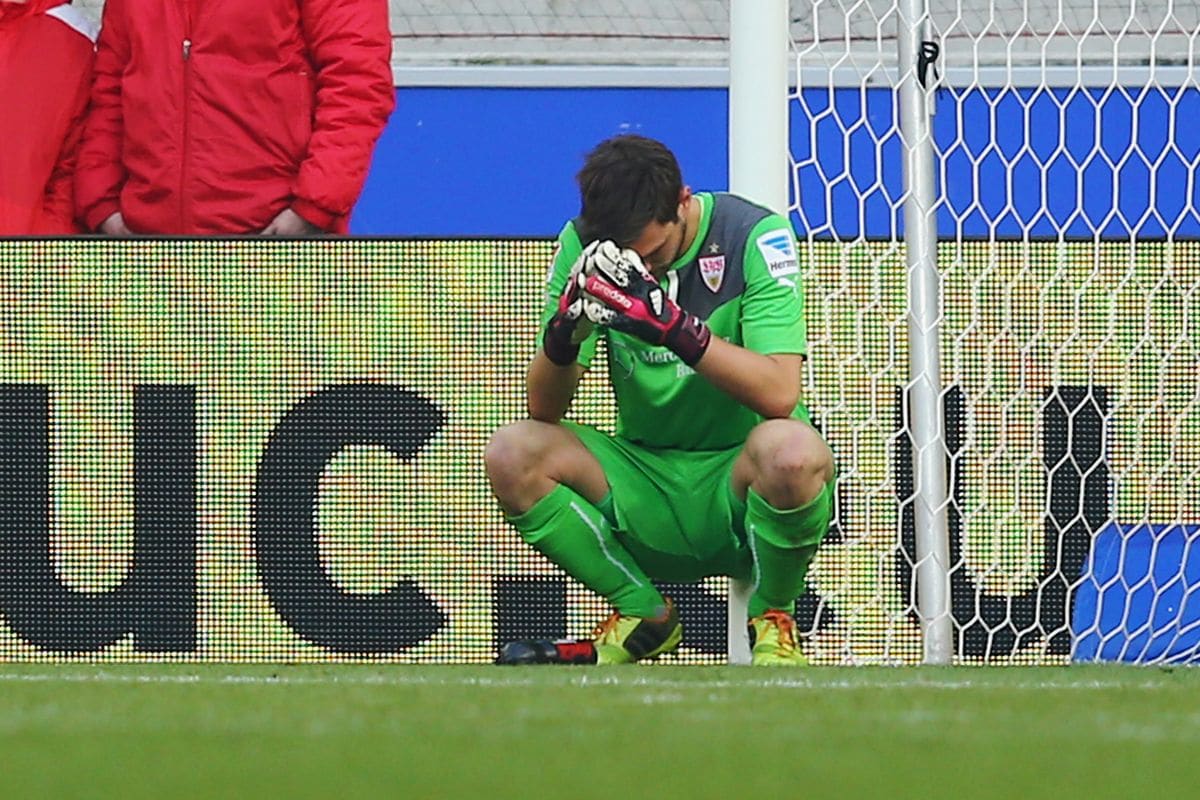 STUTTGART, GERMANY - MARCH 08: Goalkeeper Sven Ulreich of Stuttgart reacts after the Bundesliga match between VfB Stuttgart and Eintracht Braunschweig at Mercedes-Benz Arena on March 8, 2014 in Stuttgart, Germany.  (Photo by Alex Grimm/Bongarts/Getty Images)