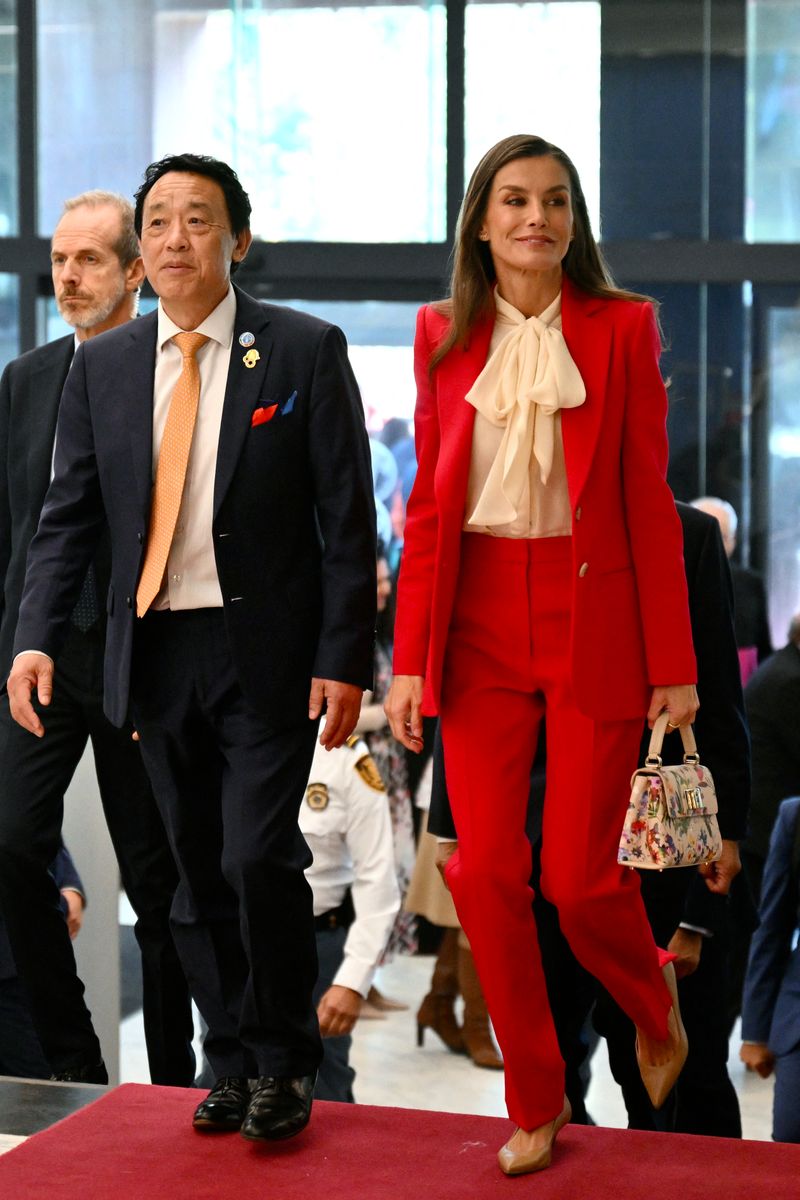FAO Director-General Qu Dongyu welcomes Spain's Queen Letizia at the World Food Day ceremony at the Food and Agriculture Organization of the United Nations 