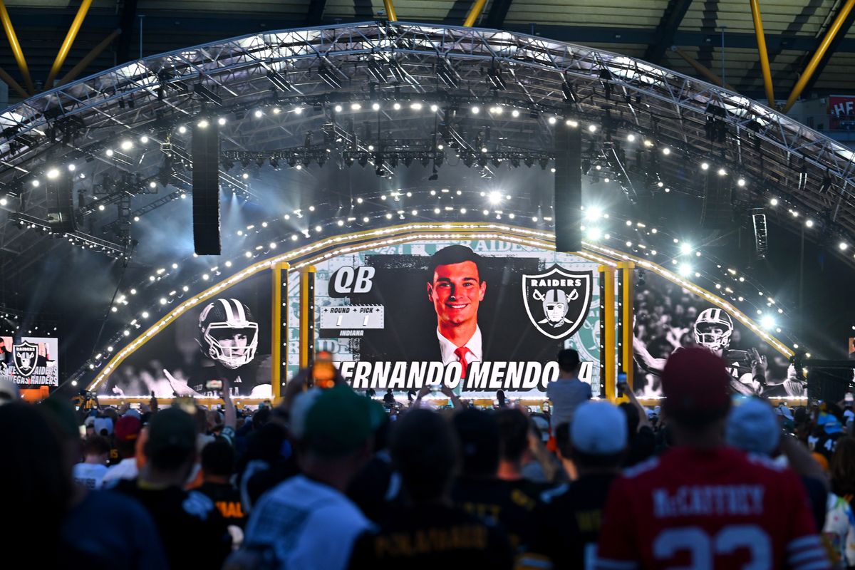 Fernando Mendoza of the Indiana on screen after being selected first overall pick by the Las Vegas Raiders during Round One of the 2026 NFL Draft.