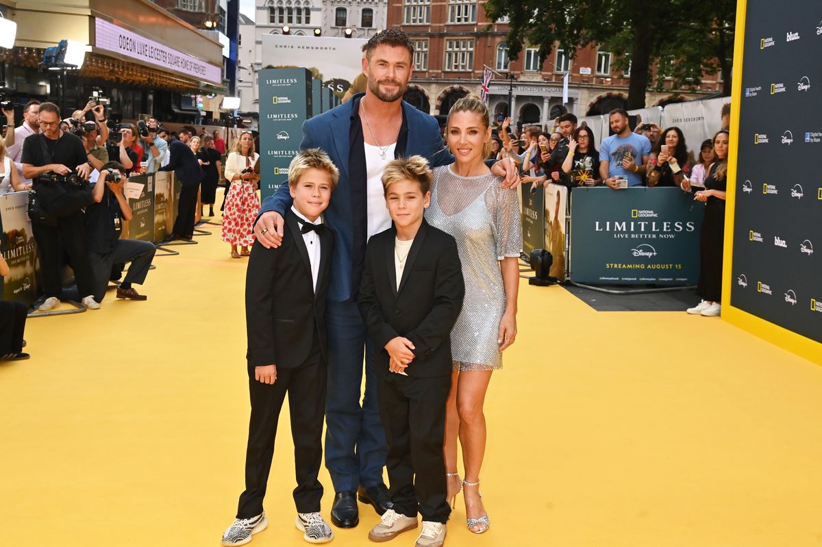 Chris Hemsworth (2L) and Elsa Pataky pose with children Tristan Hemsworth and Sasha Hemsworth at the Disney+ World Premiere of National Geographic's 'Limitless: Live Better Now' with BUPA at Odeon Luxe Leicester Square on July 17, 2025 in London, England. 