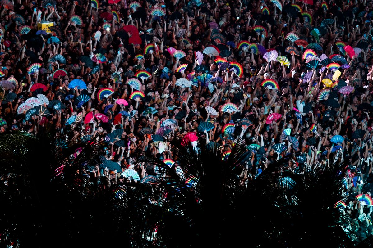 Fans wait for the mega-concert of US pop star Lady Gaga at Copacabana beach in Rio de Janeiro, Brazil on May 3, 2025. (Photo by Daniel RAMALHO / AFP) (Photo by DANIEL RAMALHO/AFP via Getty Images)          