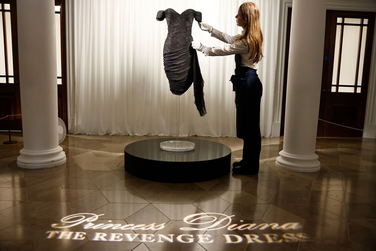 Princess Diana's black silk crepe Revenge Dress, designed by Christina Stambolian and worn to the Serpentine Gallery on June 29, 1994, is displayed ahead of a luxury sale in New York on December 9.