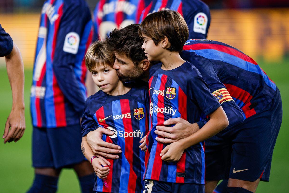 Gerard Pique of FC Barcelona in his last game at Camp Nou, playing with his sons Sasha Pique Mebarak and Milan Pique Mebarak