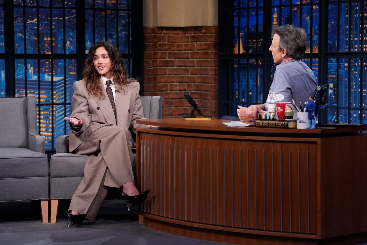 Adria Arjona during an interview with host Seth Meyers 