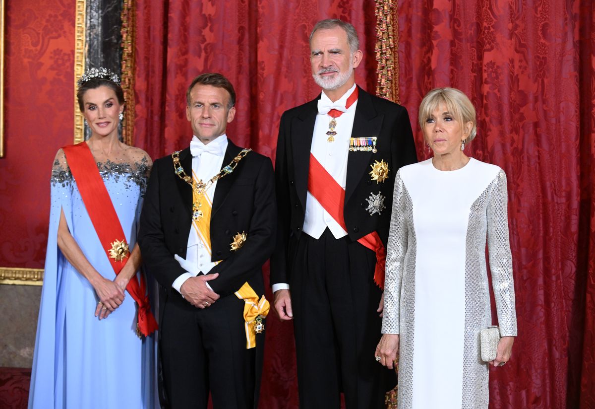 King Felipe VI and Queen Letizia, and the President of the French Republic, Emmanuel Macron, and his wife, Brigitte Macron, during the gala dinner held in their honour at the Royal Palace