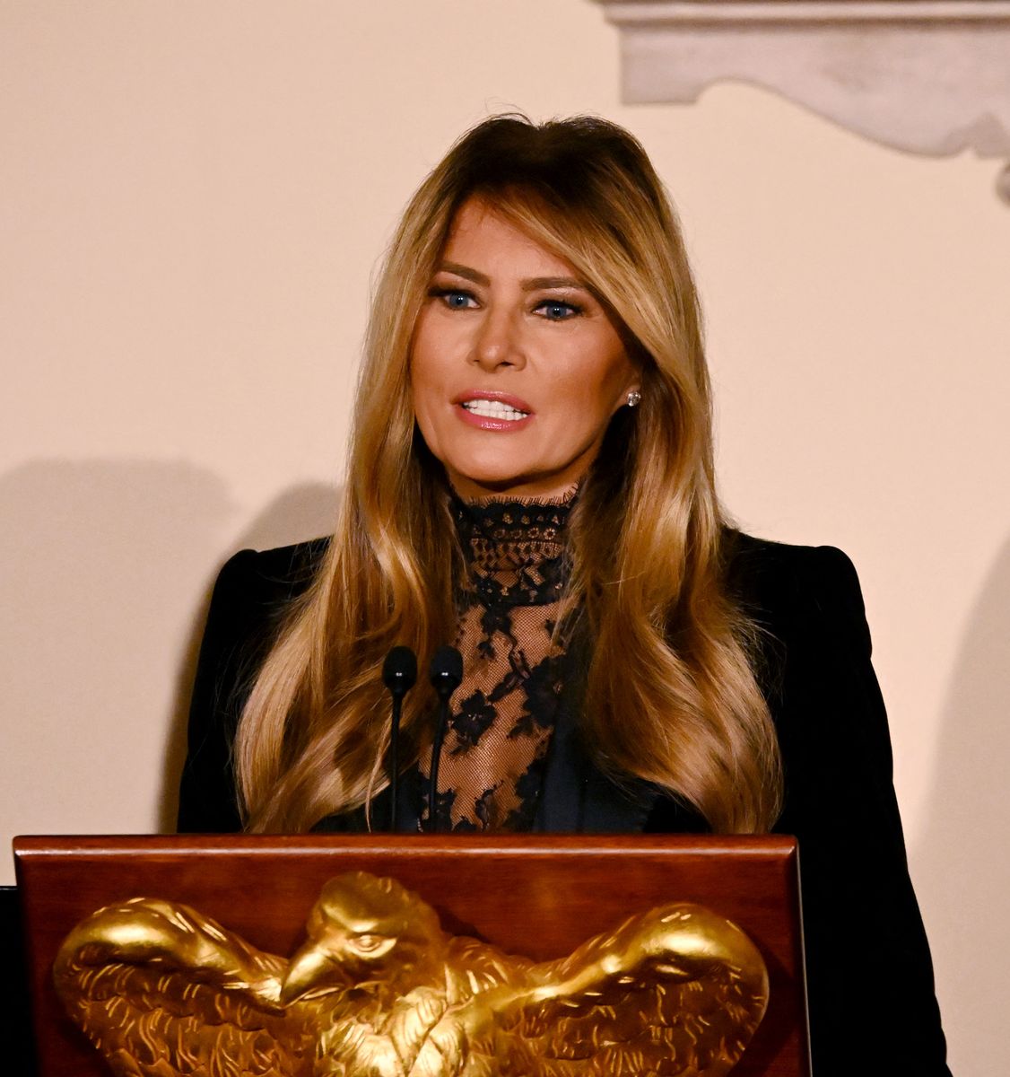 First Lady Melania Trump delivers remarks during the Congressional Ball in the Grand Foyer of the White House