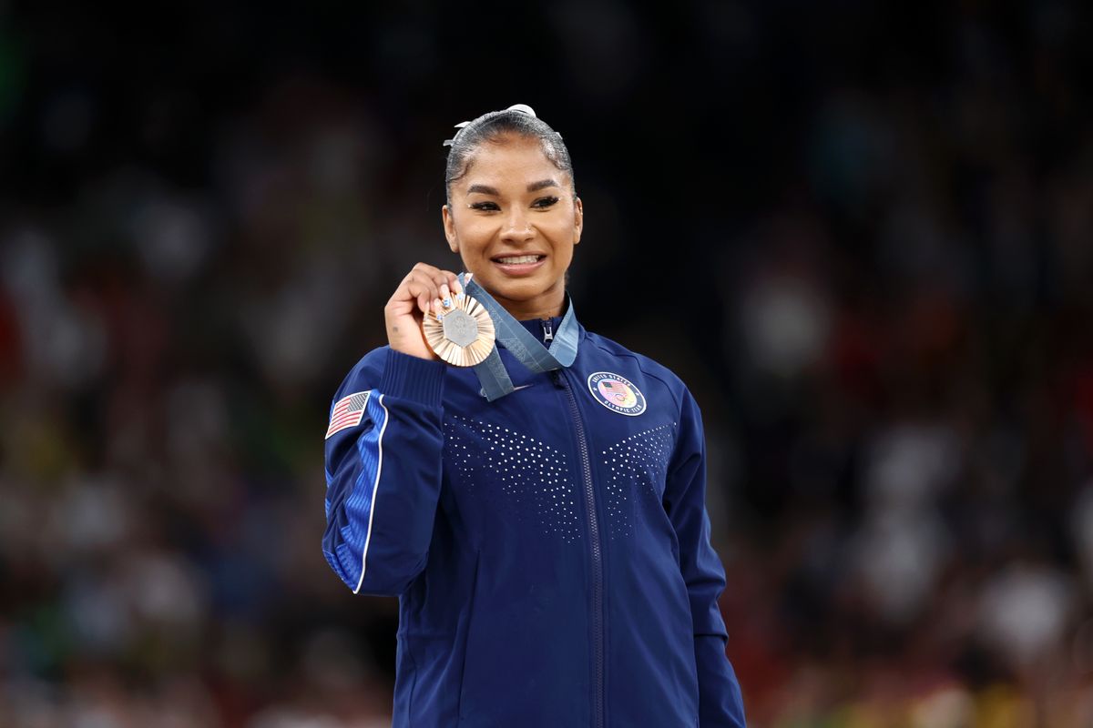 Jordan Chiles of Team USA looks on with her Bronze Medal from the Women's Apparatus floor final on day ten of the Olympic Games Paris 2024 at Bercy Arena on August 05, 2024 in Paris, France. (Photo by Naomi Baker/Getty Images)