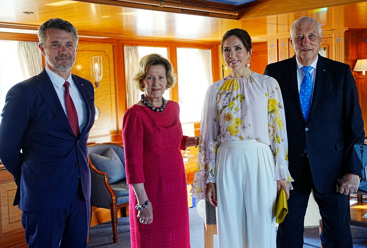 Crown Prince Frederik, Queen Sonja, Crown Princess Mary and King Harald V pose aboard the Royal Yacht Norge in Aarhus, Denmark, on June 16, 2023. Frederik and Mary remembered the late monarch affectionately as “Uncle Harald.” 