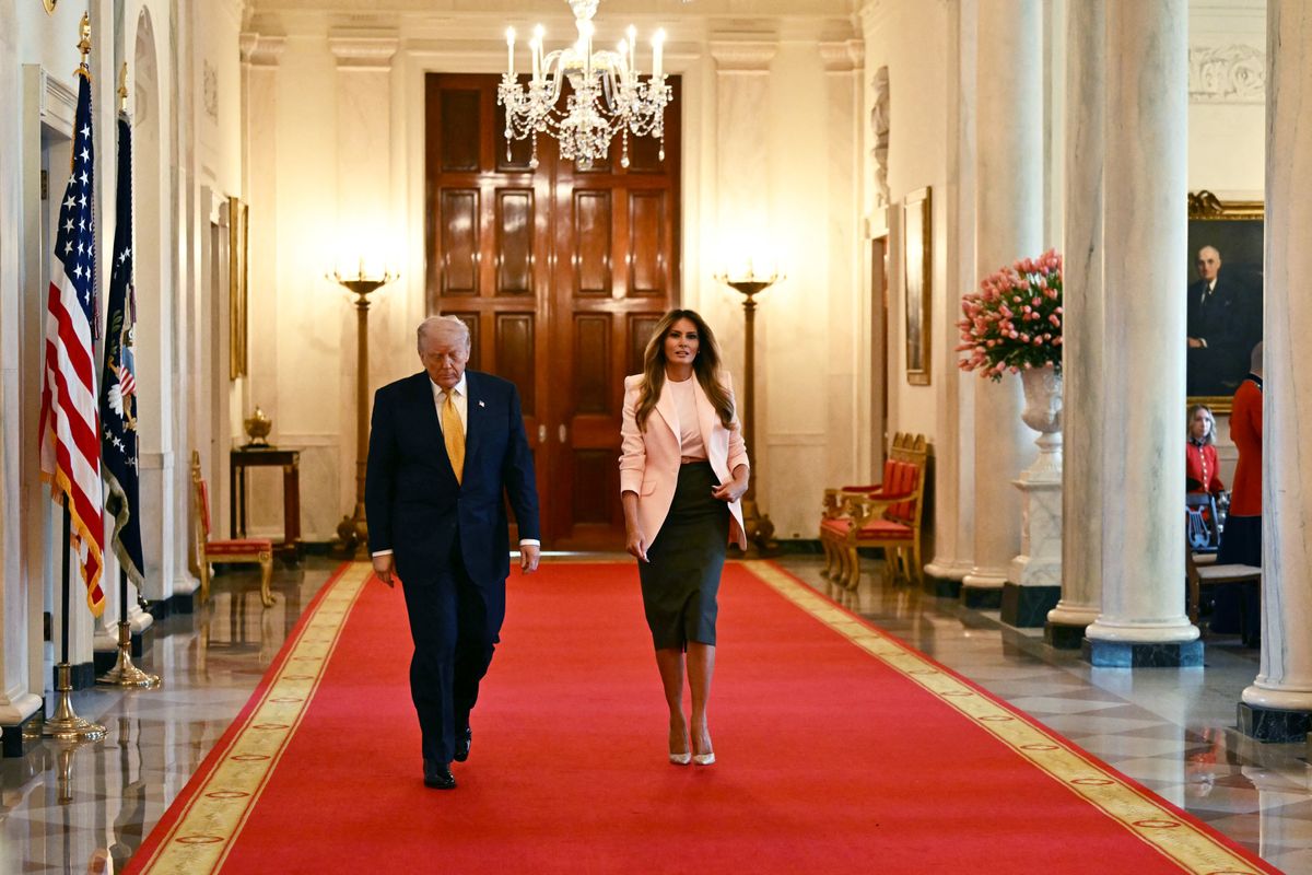 Melania’s beauty look stayed classic and understated, centered on her signature polished finish.