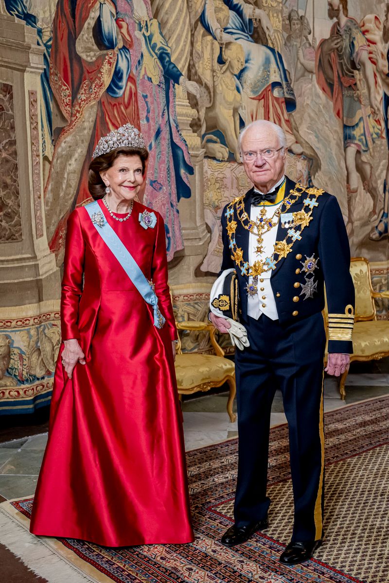 Queen Silvia of Sweden and King Carl Gustaf of Sweden at the gala dinner during the King's 80th birthday celebrations