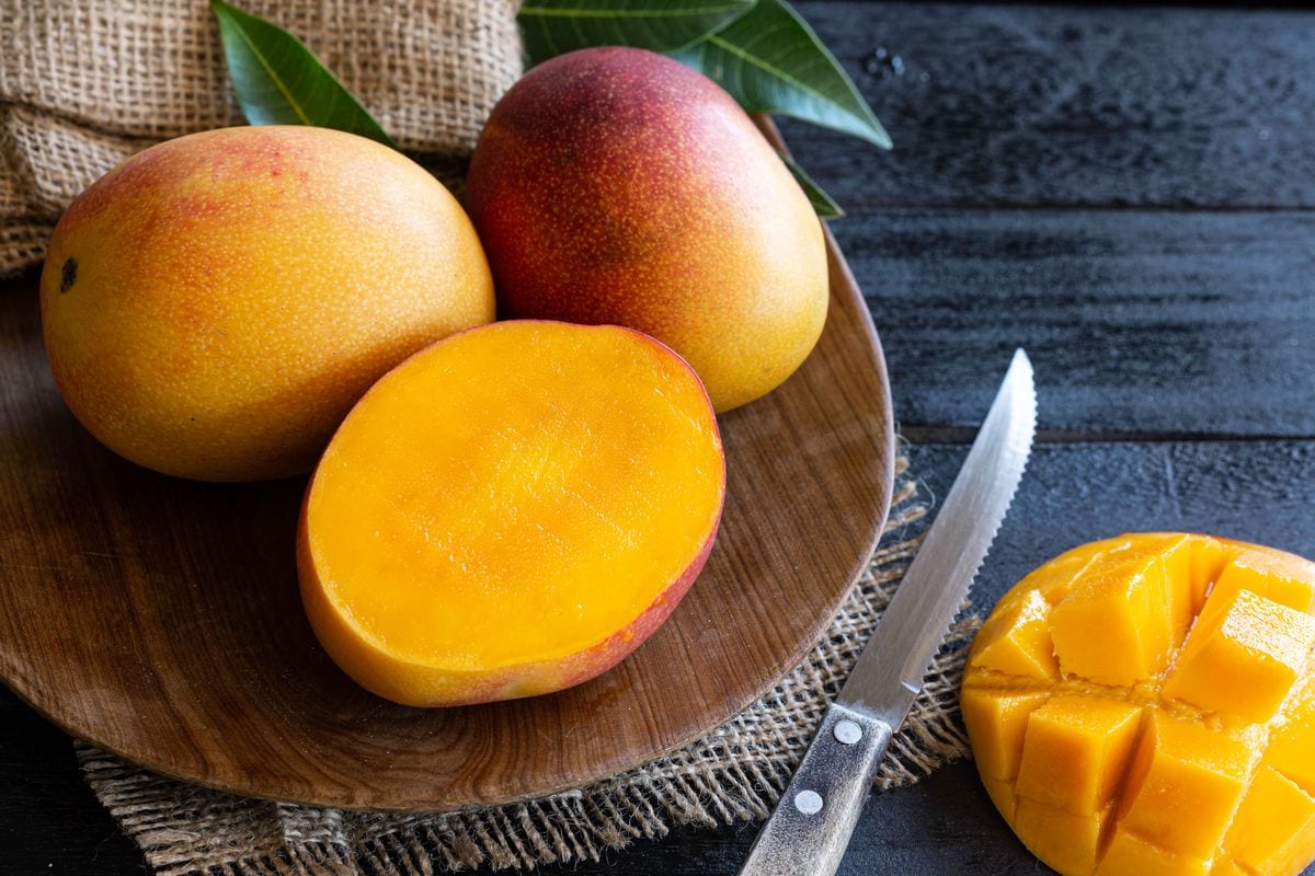 Three beautiful ripe mangoes with leaves with kitchen knife, one of them is halved and cut into cubes. Natural day lighting.