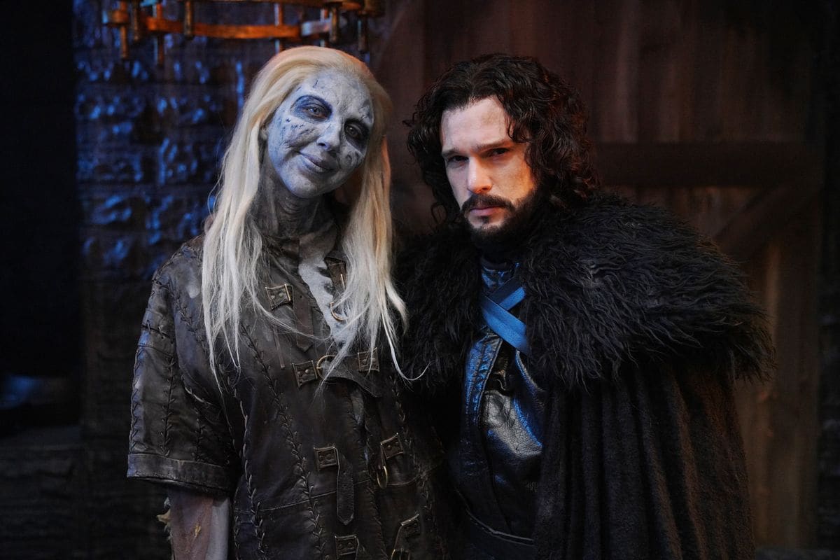Heidi Gardner as a White Walker and host Kit Harington as Jon Snow, backstage in studio 8H on Saturday, April 6, 2019