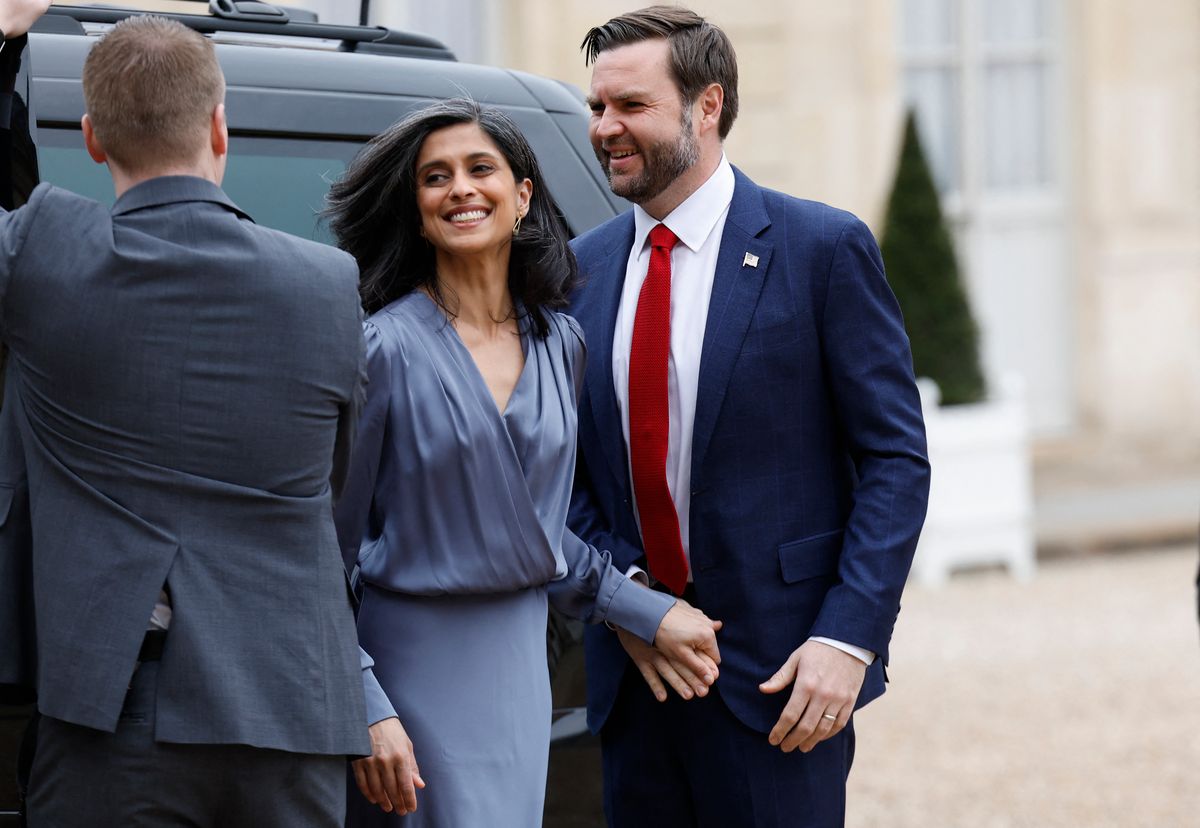 sachin and babi light blue dress Incoming Second Lady, Usha Vance, wears a custom noir velvet gown with  asymmetric floral accents and a sweetheart neckline for the Vice  President's Dinner. Photographed by Emily J. Higgins