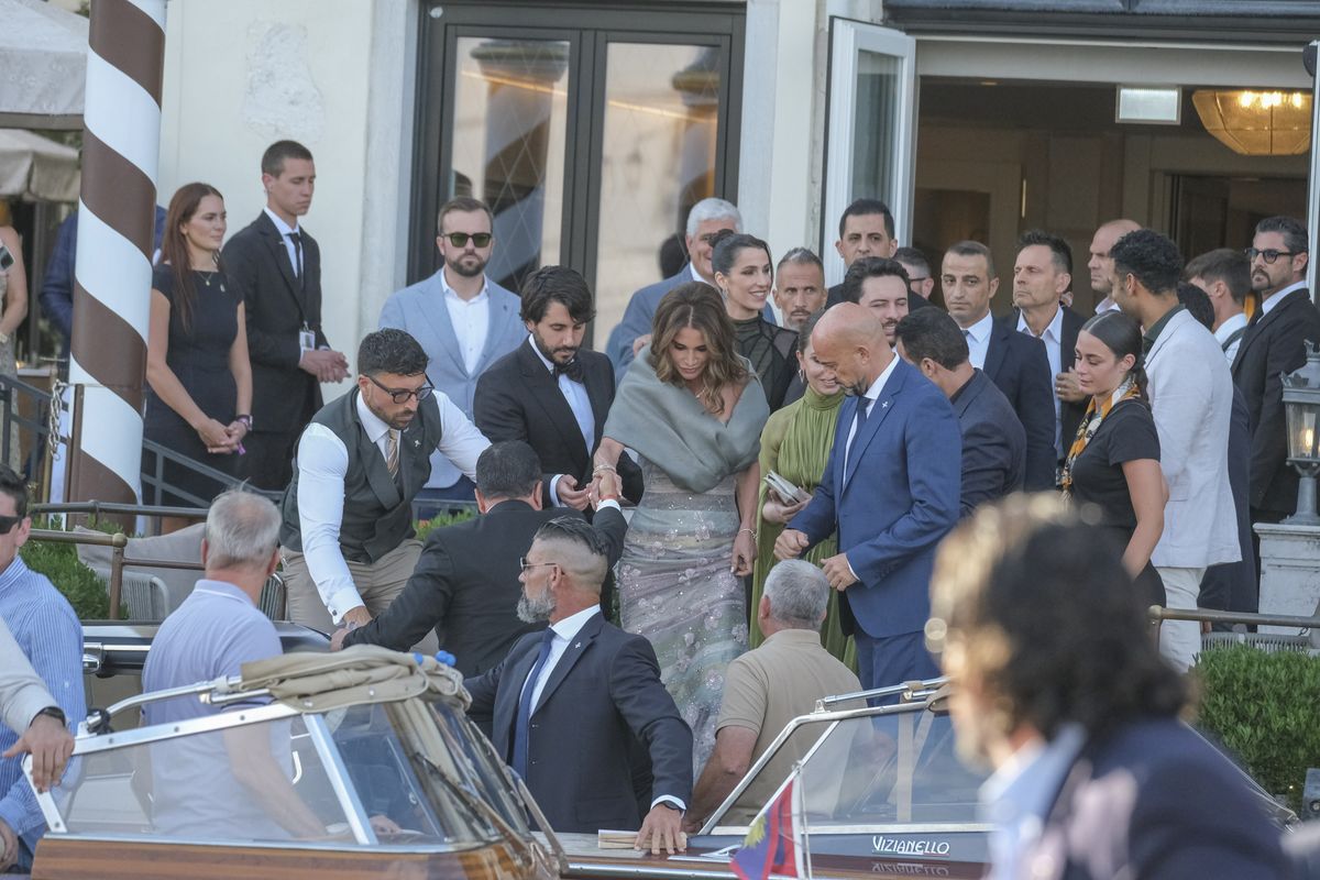 VENICE, ITALY - JUNE 27: Queen Rania Al-Yasin of Jordan leaves the St. Regis Hotel to go to the island of San Giorgio Maggiore to attend the wedding of Jeff Bezos and Lauren Sanchez on June 27, 2025 in Venice, Italy. (Photo by Stefano Mazzola/GC Images)