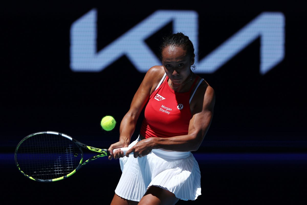 PERTH, AUSTRALIA - DECEMBER 28: Leylah Fernandez of team Canada plays a back hand in the Women's singles match against Donna Vekic of team Croatia during day two of the 2025 United Cup at RAC Arena on December 28, 2024 in Perth, Australia. (Photo by Will Russell/Getty Images)