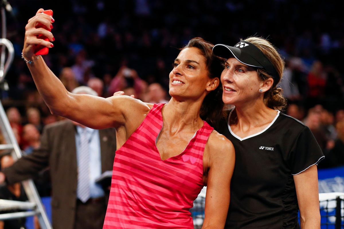  Gabriela Sabatini of Argentina and Monica Seles of the United States pose for a selfie during the BNP Paribas Showdown at Madison Square Garden on March 10, 2015 in New York City.  
