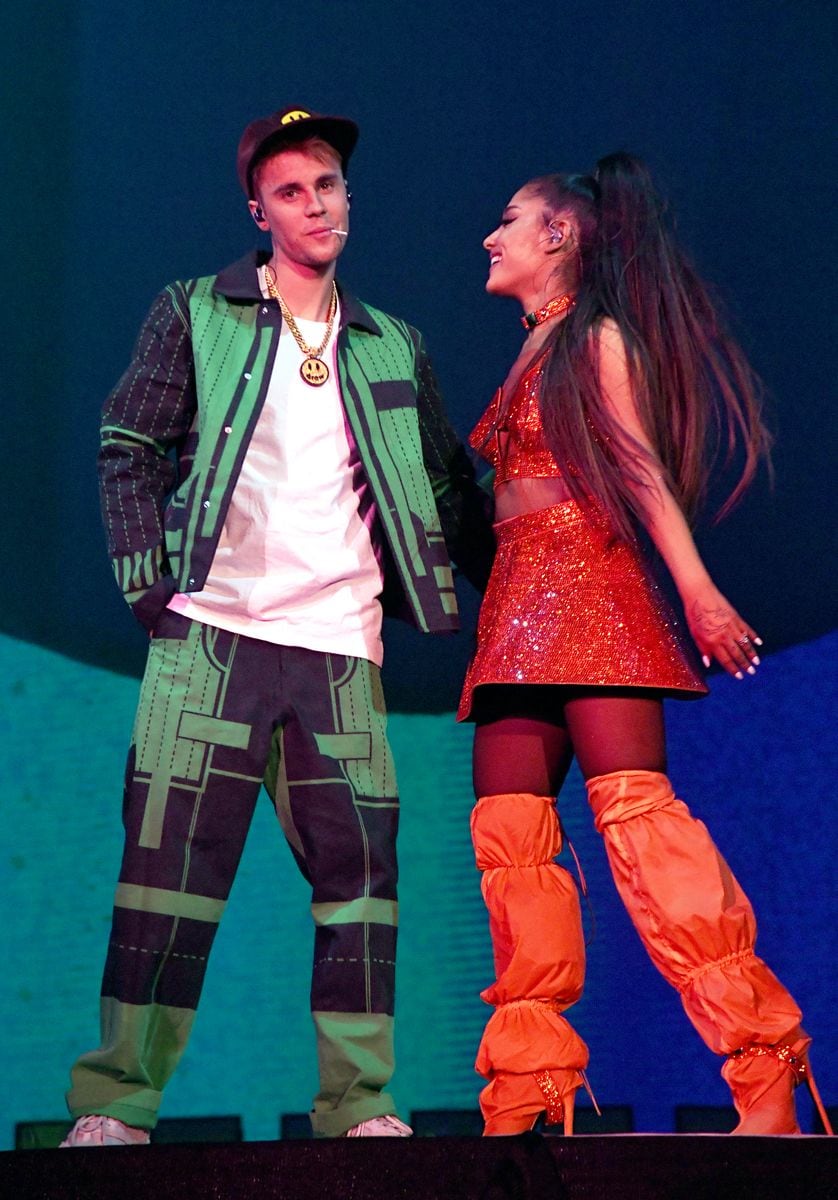 Justin Bieber performs with Ariana Grande at Coachella Stage during the 2019 