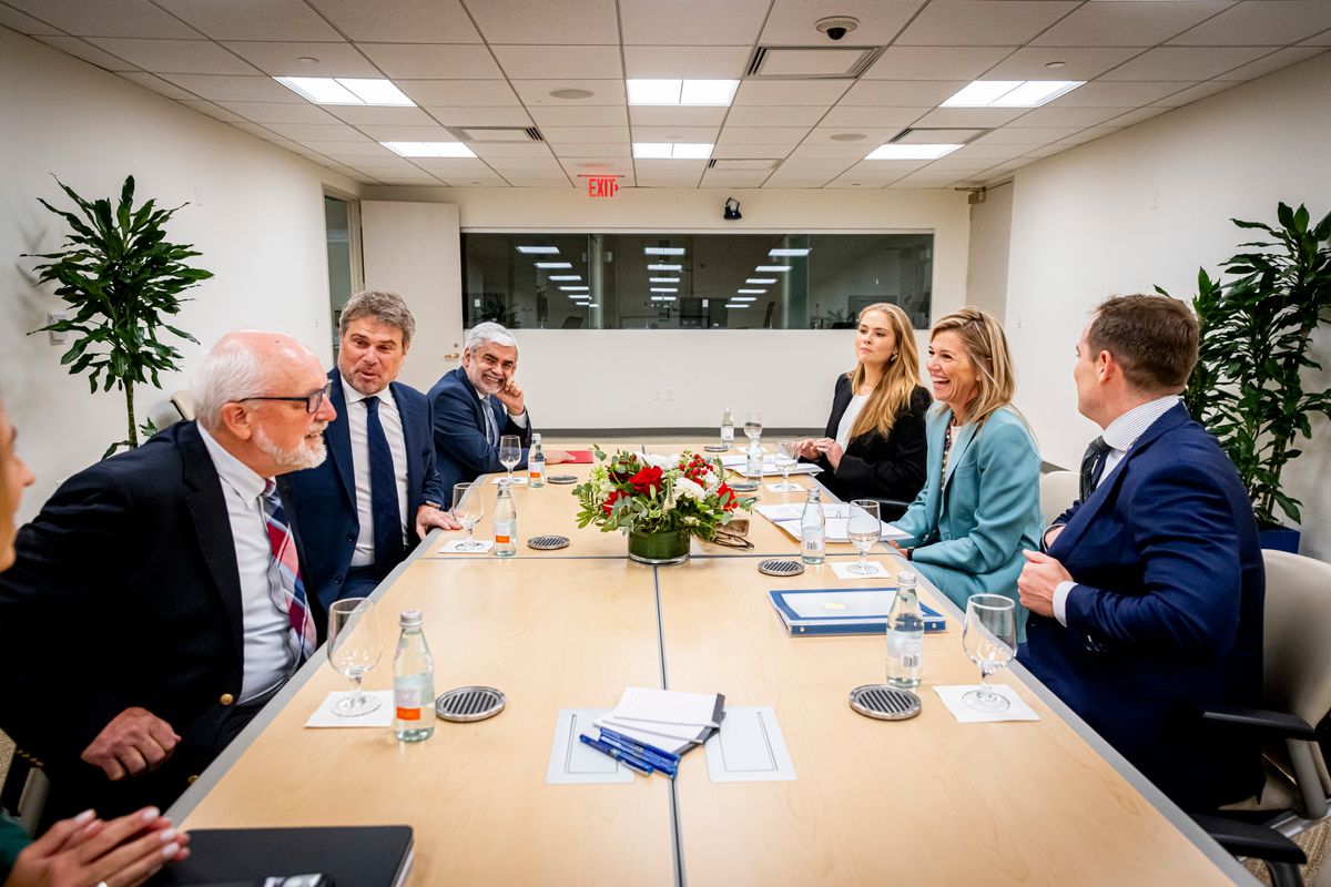 Queen Maxima of The Netherlands and Princess Amalia in a meeting with the Inter-American Development Bank in Washington, D.C.