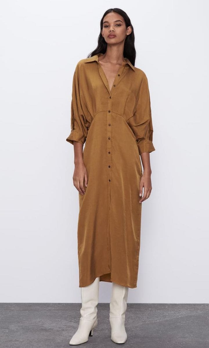 Pleated Shirt Dress by Zara in toffee