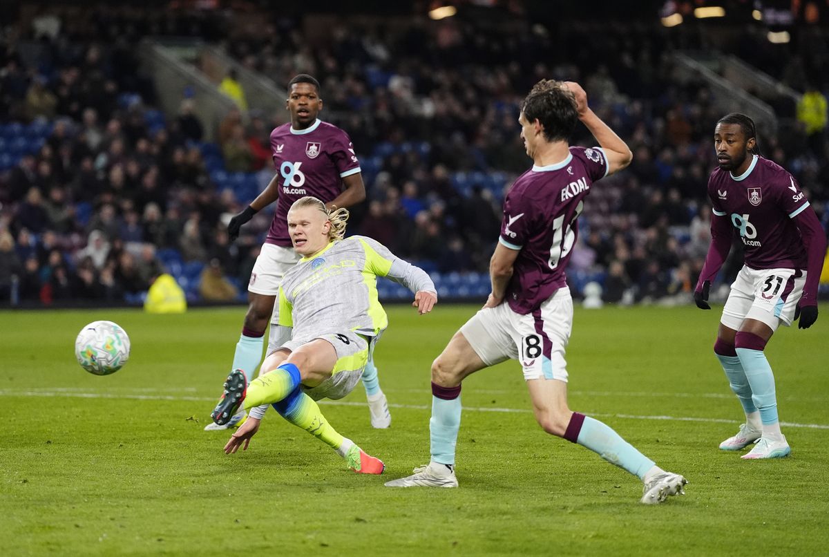 Manchester City's Erling Haaland (centre left) misses an opportunity on goal during the Premier League match at Turf Moor, Burnley. Picture date: Wednesday April 22, 2026. (Photo by Nick Potts/PA Images via Getty Images)