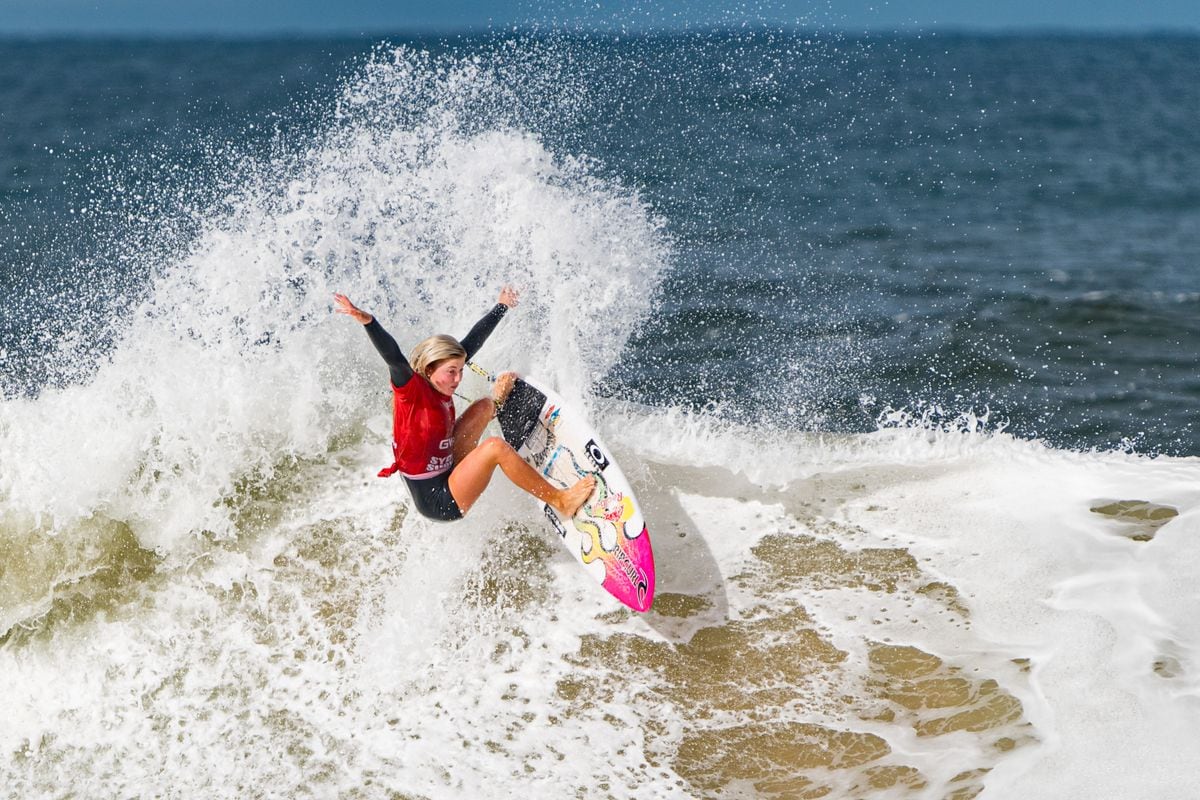 Erin Brooks of Canada surfs in the Heat 3 of the Round of 16 during the 2024 GWM Sydney Surf Pro at North Narrabeen Beach on May 12, 2024 in Sydney