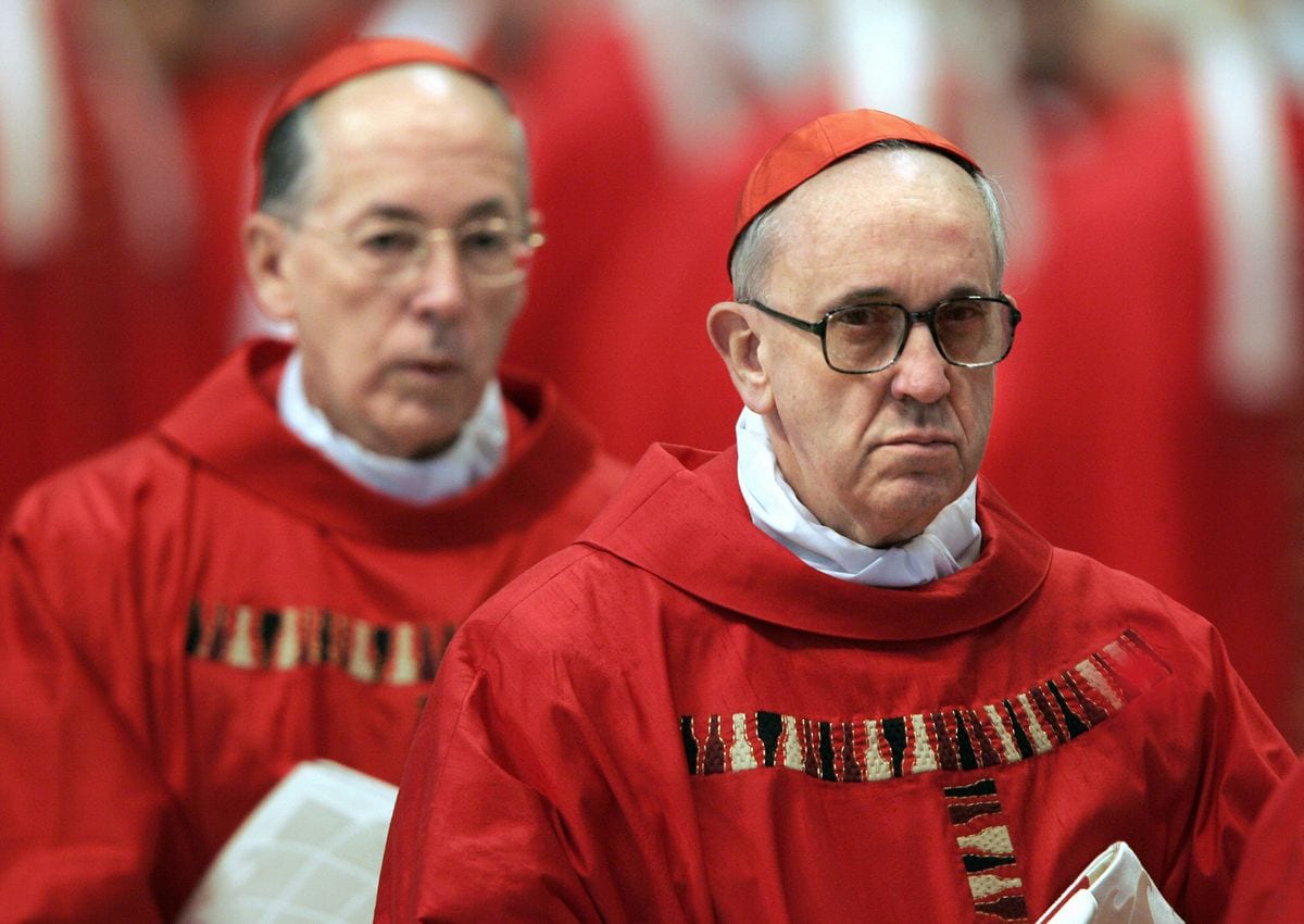 Jorge Mario Bergoglio and Peruvian Cardinal Juan Luis Cipriani Thorne at the conclave in which Joseph Ratzinger was elected Pope Benedict XVI