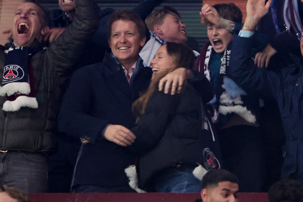 Hugh Grosvenor, Duke of Westminster and Olivia Grosvenor, Duchess of Westminster celebrate the third goal of Aston Villa during the UEFA Champions League 2024/25 Quarter Final Second Leg football match between Aston Villa FC and Paris Saint-Germain (PSG) at Villa Park on April 15, 2025 in Birmingham, England. (Photo by Jean Catuffe/Getty Images)