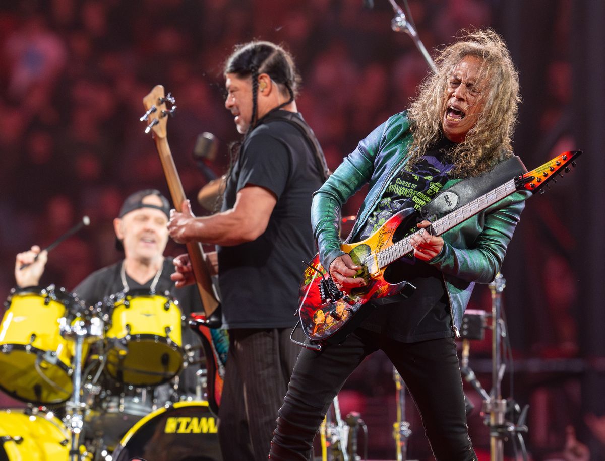 Kirk Hammett, Robert Trujillo and Lars Ulrich of Metallica perform at Levi's Stadium on June 20, 2025 in Santa Clara, California. (Photo by Steve Jennings/Getty Images) 