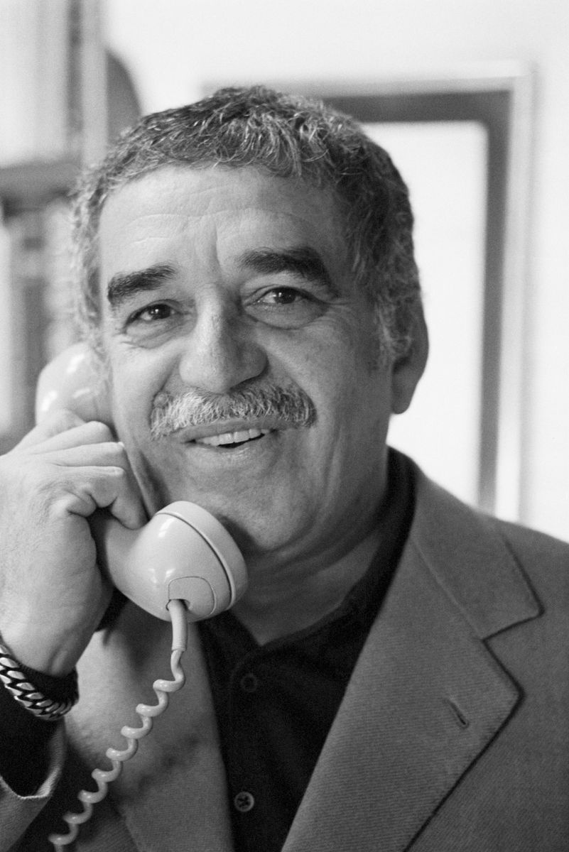 (Original Caption) 10/21/1982-Mexico City: Gabriel Garcia Marquez, 54, Columbian author who has been living in self-exile in Mexico since last year, talks to journalist from Italy early 10/21 after receiving the news he has been awarded the Nobel Prize for Literature.