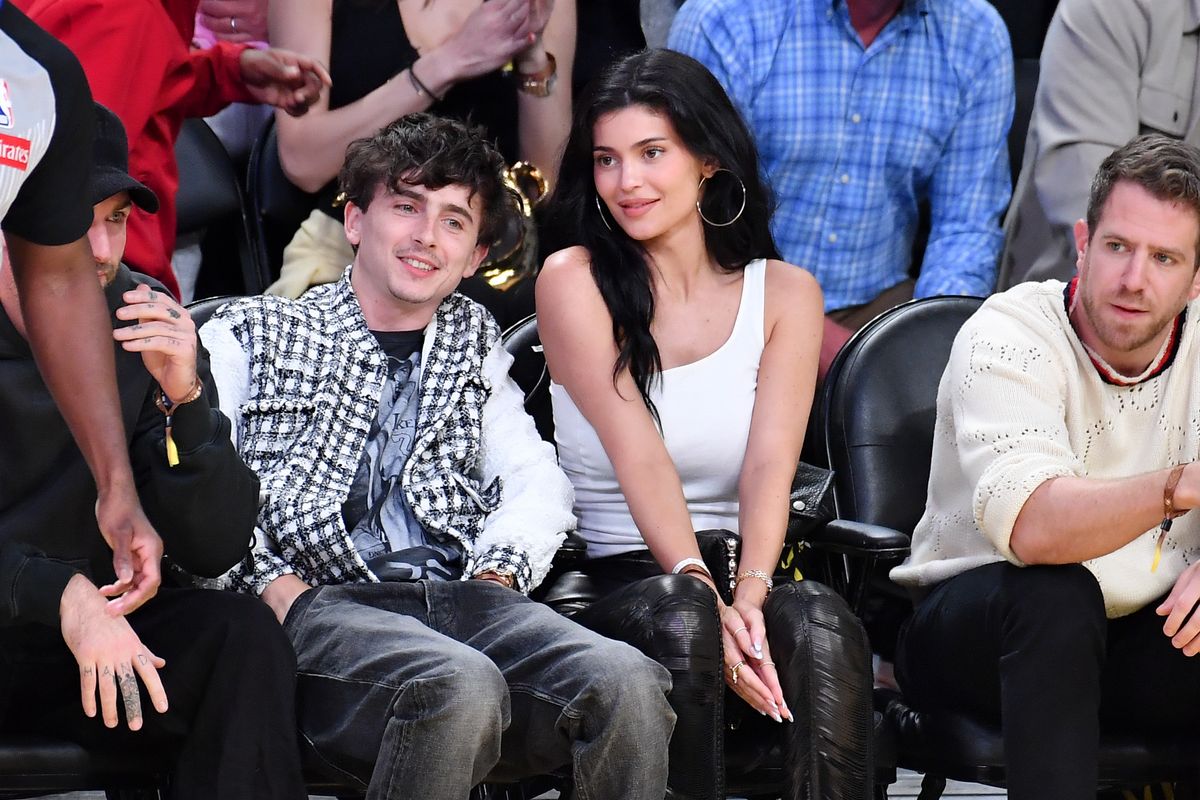 Timothee Chalamet and Kylie Jenner attend a basketball game between the Los Angeles Lakers and the Minnesota Timberwolves at Crypto.com Arena on April 30, 2025 in Los Angeles, California.