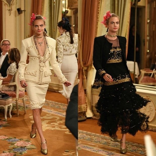 Cara returned to the runway, modeling two looks at the Chanel show in Paris.
Photos: Pascal Le Segretain/Getty Images