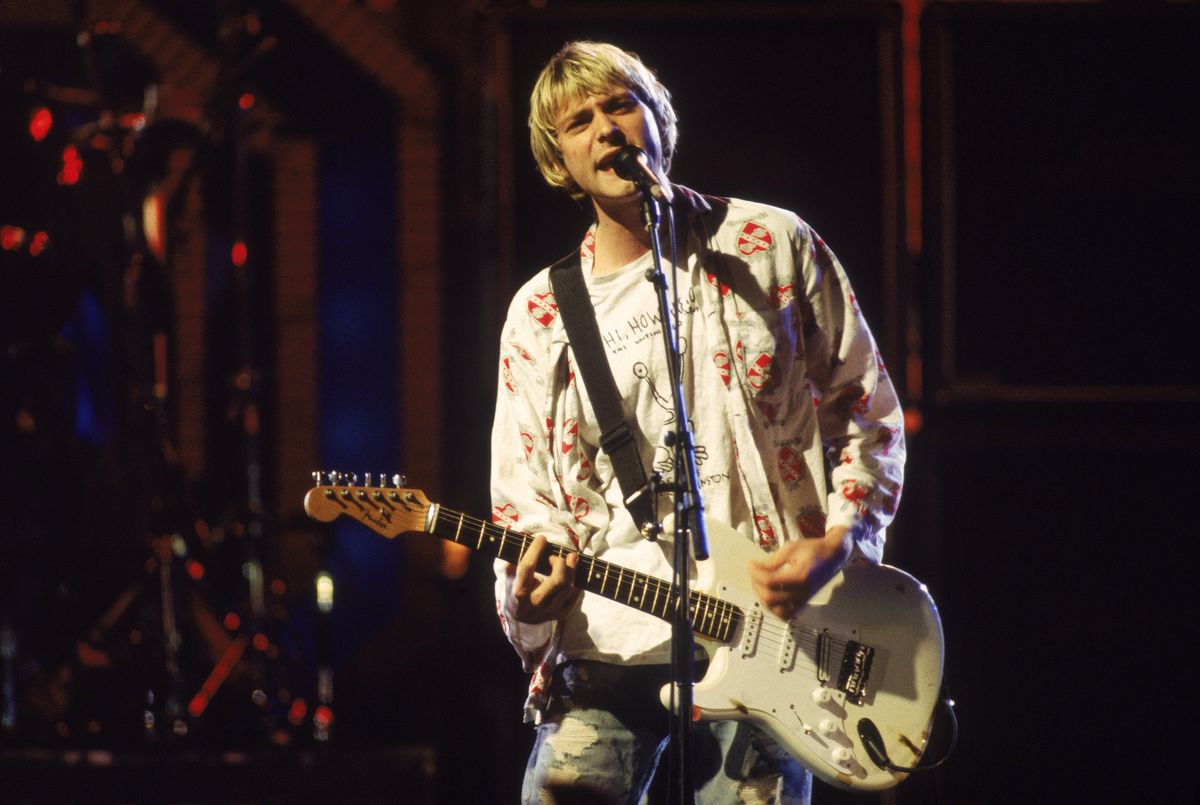 Kurt Cobain performs on stage with Nirvana at the MTV Video Music Awards, September 10, 1992