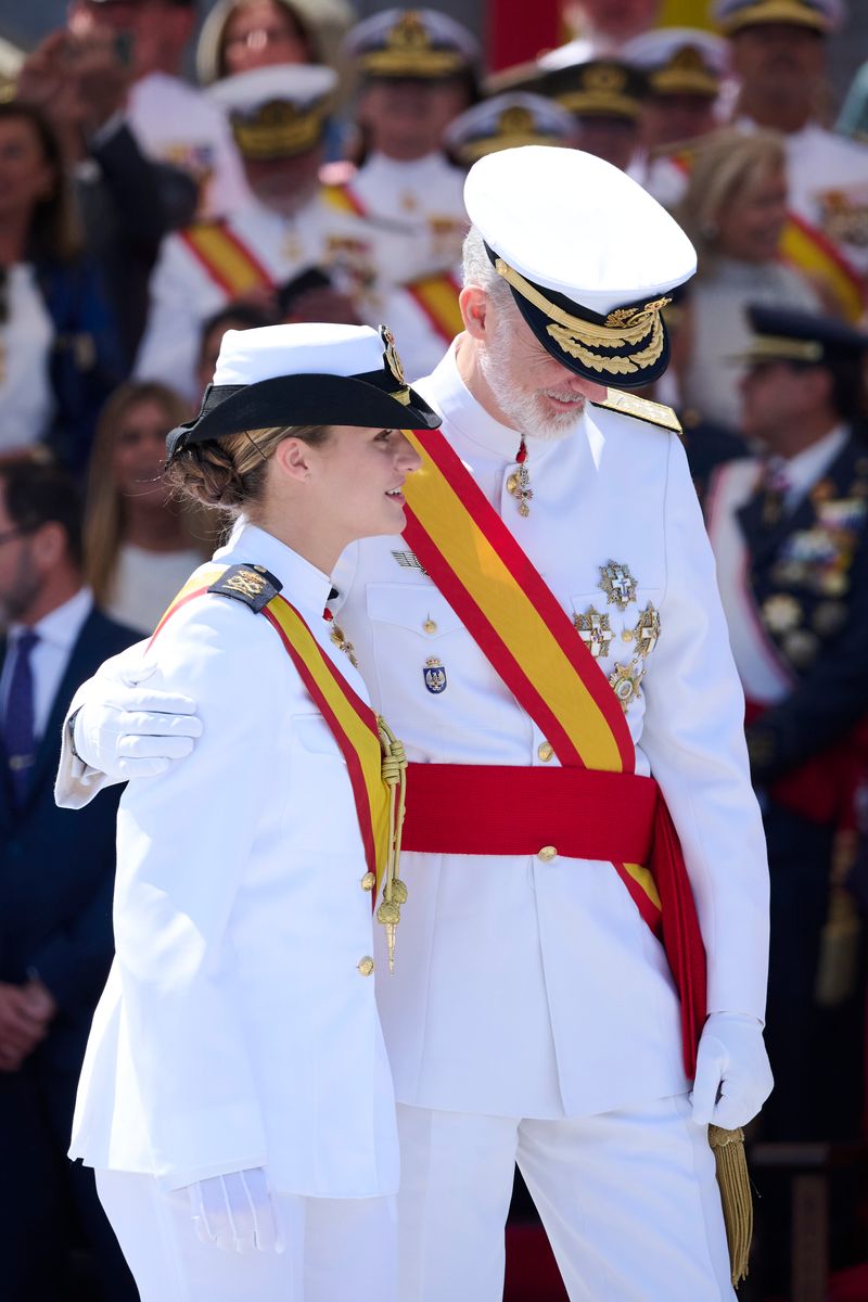 MARIN, PONTEVEDRA, SPAIN - JULY 16: King Felipe VI of Spain and Crown Princess Leonor of Spain attend a presentation of Royal dispatches of employment at Escuela Naval on July 16, 2025 in Marin, Pontevedra, Spain. (Photo by Carlos Alvarez/Getty Images)