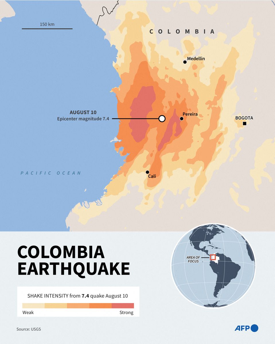 Infographic map showing the shake intensity of the 7.4-magnitude earthquake in Colombia on August 10.