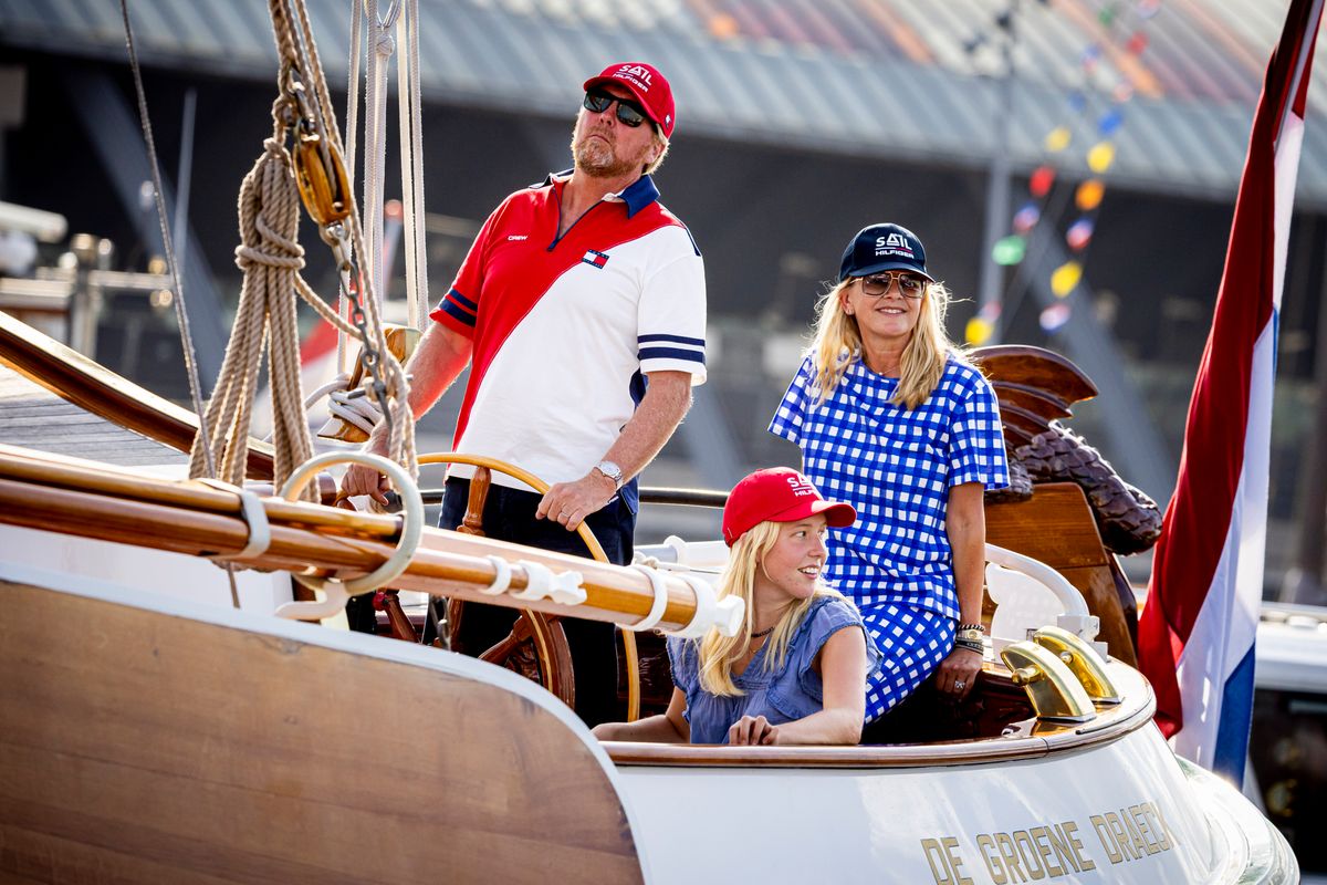 AMSTERDAM, NETHERLANDS - AUGUST 20: King Willem-Alexander of The Netherlands, Princess Mabel of The Netherlands and Countess Luana of The Netherlands sail on the Groene Draeck ship during Sail Amsterdam on August 20, 2025 in Amsterdam, Netherlands. (Photo by Patrick van Katwijk/Getty Images)