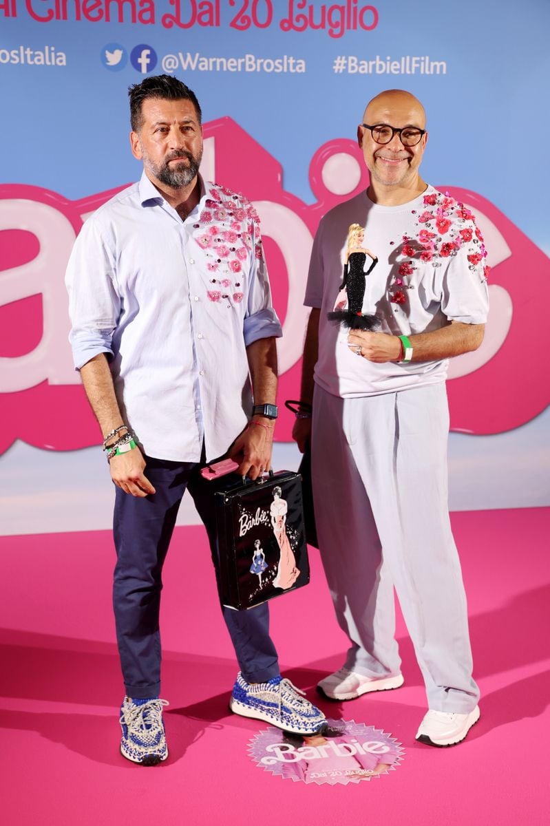 Gianni Grossi and  Mario Paglino aka Magia2000 attend the premiere for the movie "Barbie" at Cinema Anteo CityLife on July 18, 2023 in Milan, Italy. (Photo by Vittorio Zunino Celotto/Getty Images)