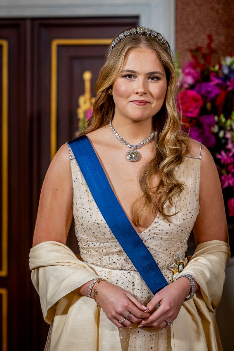 AMSTERDAM, NETHERLANDS - DECEMBER 11: Princess Amalia of The Netherlands attends a state banquet offered to President Alexander Stubb of Finland at the Royal Palace Amsterdam on December 11, 2025 in Amsterdam, Netherlands. The Finish president brings a two day state visit to The Netherlands. (Photo by Patrick van Katwijk/WireImage)