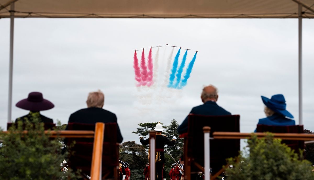 Donald Trump and Melania Trump with King Charles and Her Majesty Queen Camilla as they watch The Red Arrows, the Royal Air Force display team during Trump's second state visit