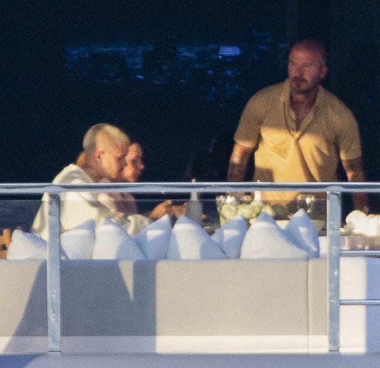 David and Victoria Beckham were spotted enjoying a family dinner with Romeo and Harper aboard their yacht