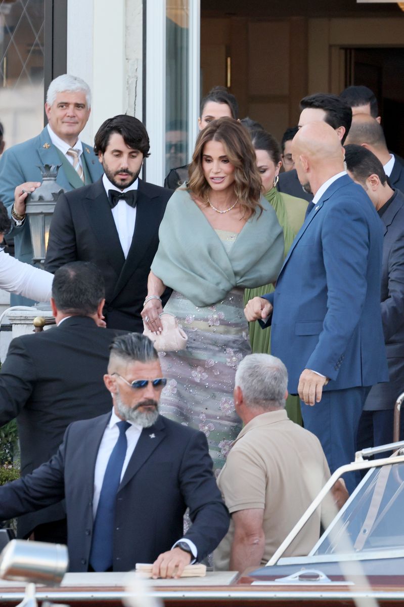 VENICE, ITALY - JUNE 27: Queen Rania al Abdullah of Jordan sighting at the Jeff Bezos and Lauren Sanchez Wedding on June 27, 2025 in Venice, Italy. (Photo by Ernesto Ruscio/GC Images)
