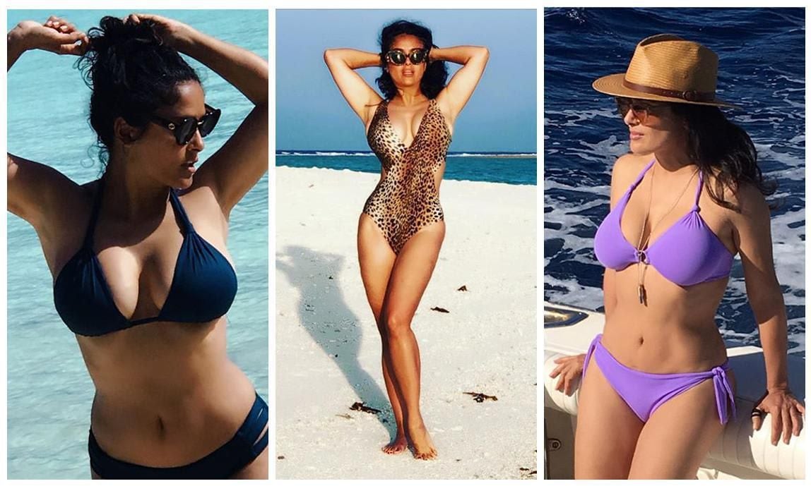 Collage of photos of Salma Hayek in swimsuits