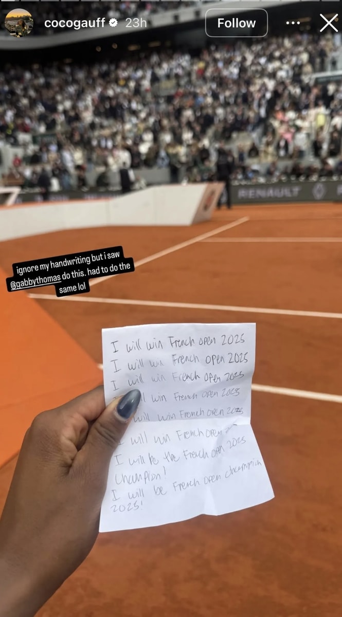 Gauff shared a photo of a handwritten note she wrote to herself, manifesting the 2025 French Open title