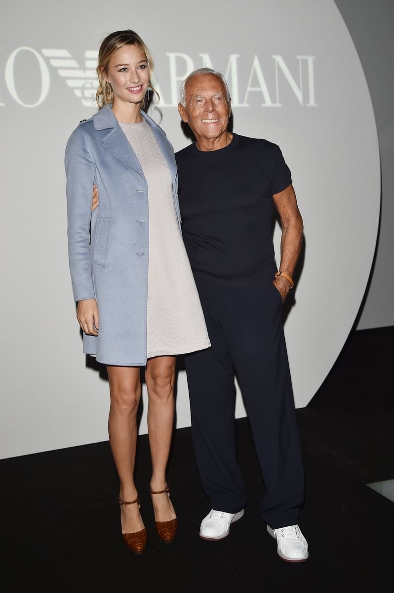 MILAN, ITALY - SEPTEMBER 25:  Beatrice Borromeo and Designer Giorgio Armani attend the Emporio Armani show during the Milan Fashion Week Spring/Summer 2016 on September 25, 2015 in Milan, Italy.  (Photo by Jacopo Raule/Getty Images)