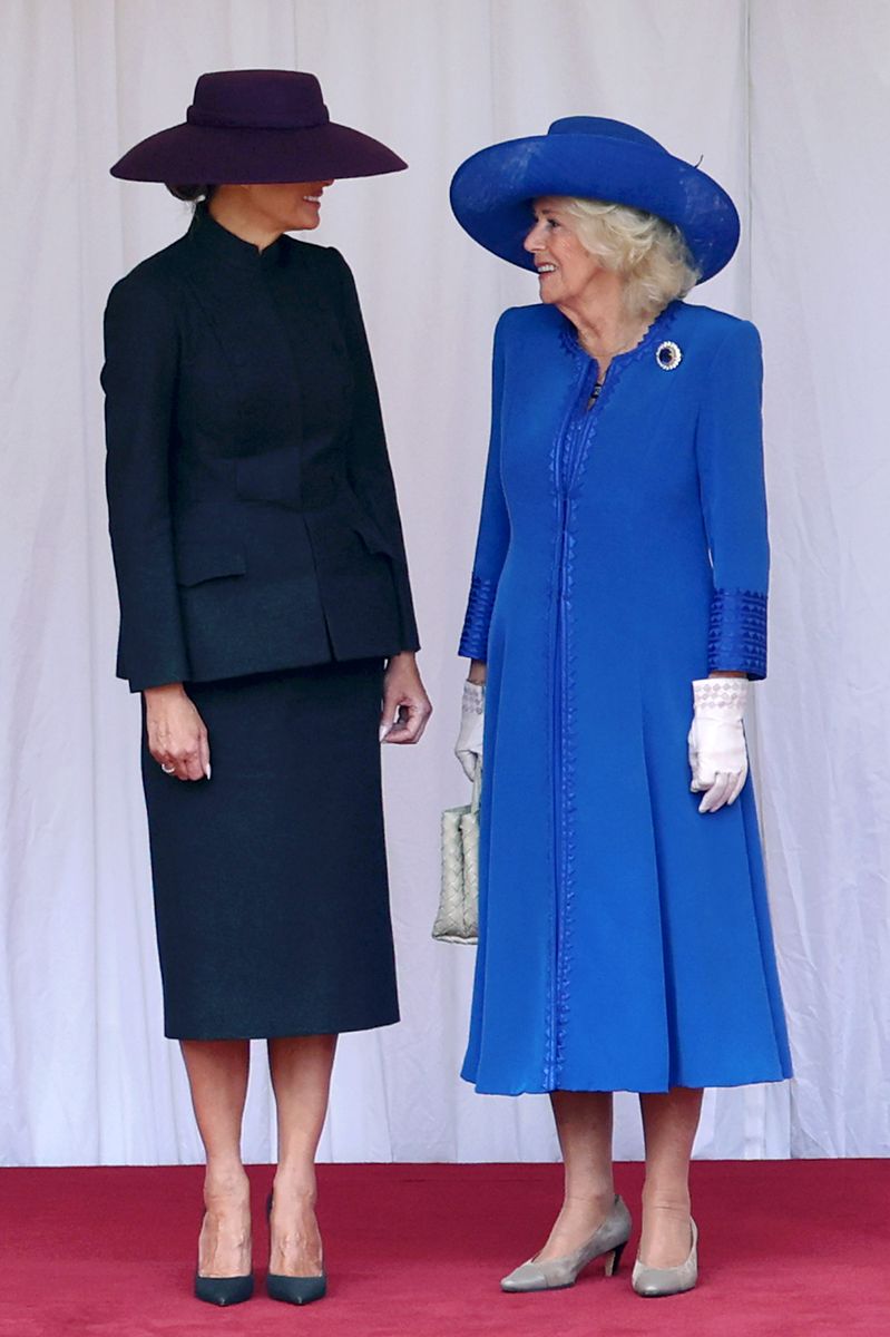 WINDSOR, ENGLAND - SEPTEMBER 17: First Lady Melania Trump and Queen Camilla during the State visit by the President of the United States of America at Windsor Castle on September 17, 2025 in Windsor, England. (Photo by Chris Jackson/Getty Images)