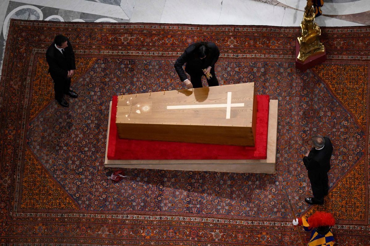 A view of the Pope Francis coffin as Cardinal Kevin Farrell presides in St. Peter's Basilica at the Rite of Sealing of the Coffin of the late Pope Francis, ahead of the papal funeral on Saturday morning, on April 25, 2025 in Vatican City, Vatican. 