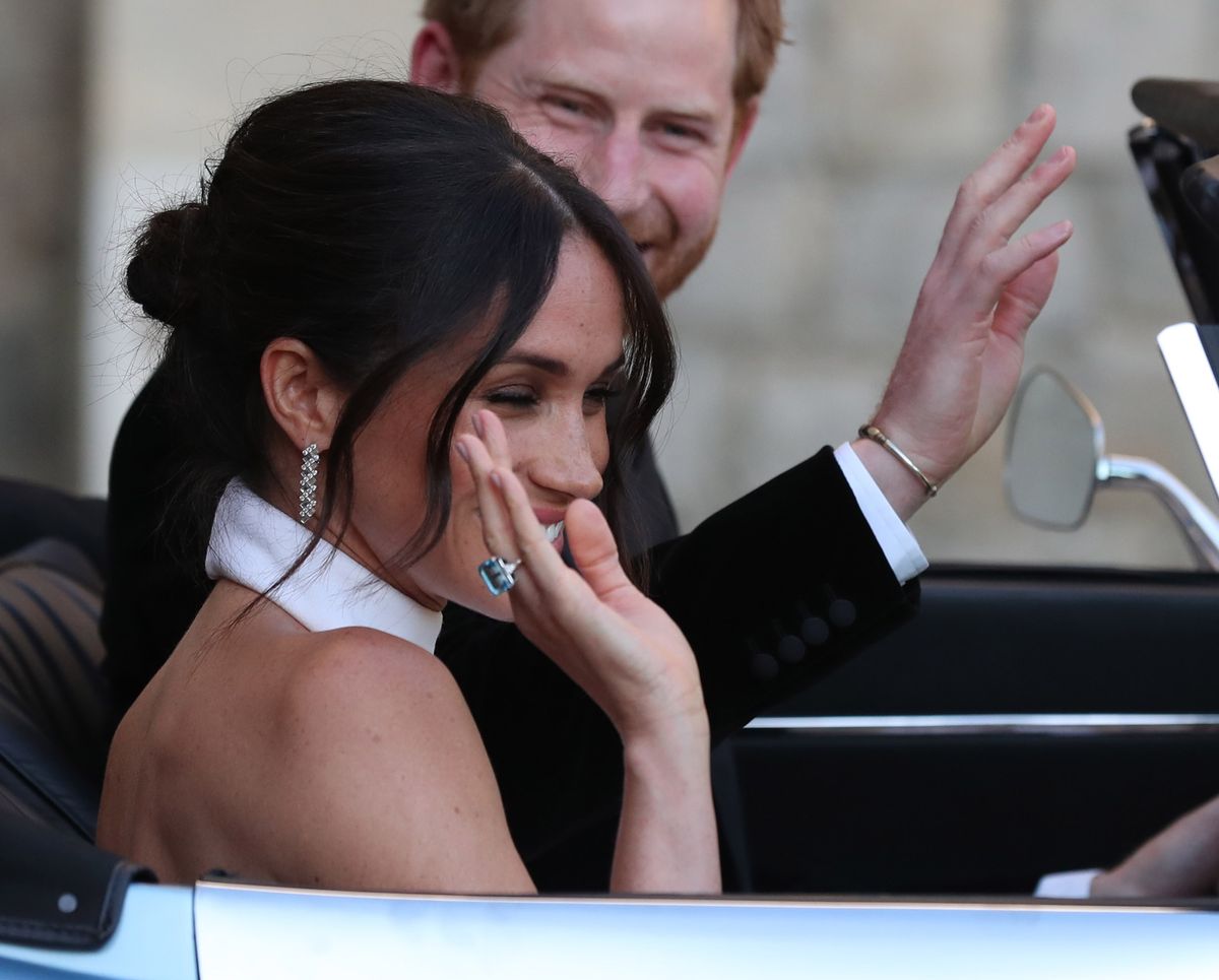 Meghan famously wore Princess Diana’s aquamarine cocktail ring for her evening wedding reception at Frogmore House in 2018.