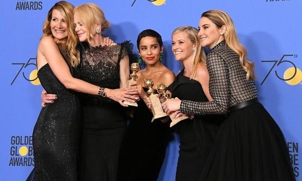 Laura Dern, Nicole Kidman, Zoe Kravitz, Reese Witherspoon and Shailene Woodley of <i>Big Little Lies</i>, winner of the award for "Best Television Limited Series or Motion Picture Made for Television" at the 75th Annual Golden Globe Awards.
Photo: Steve Granitz/WireImage
