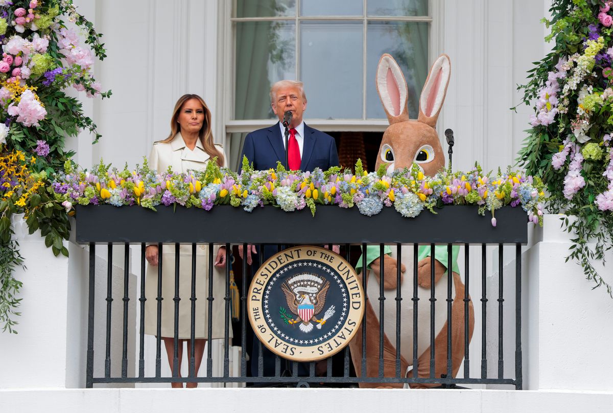 President Donald Trump, joined by first lady Melania Trump and the Easter Bunny, delivers remarks during the White House Egg Roll on the South Lawn 