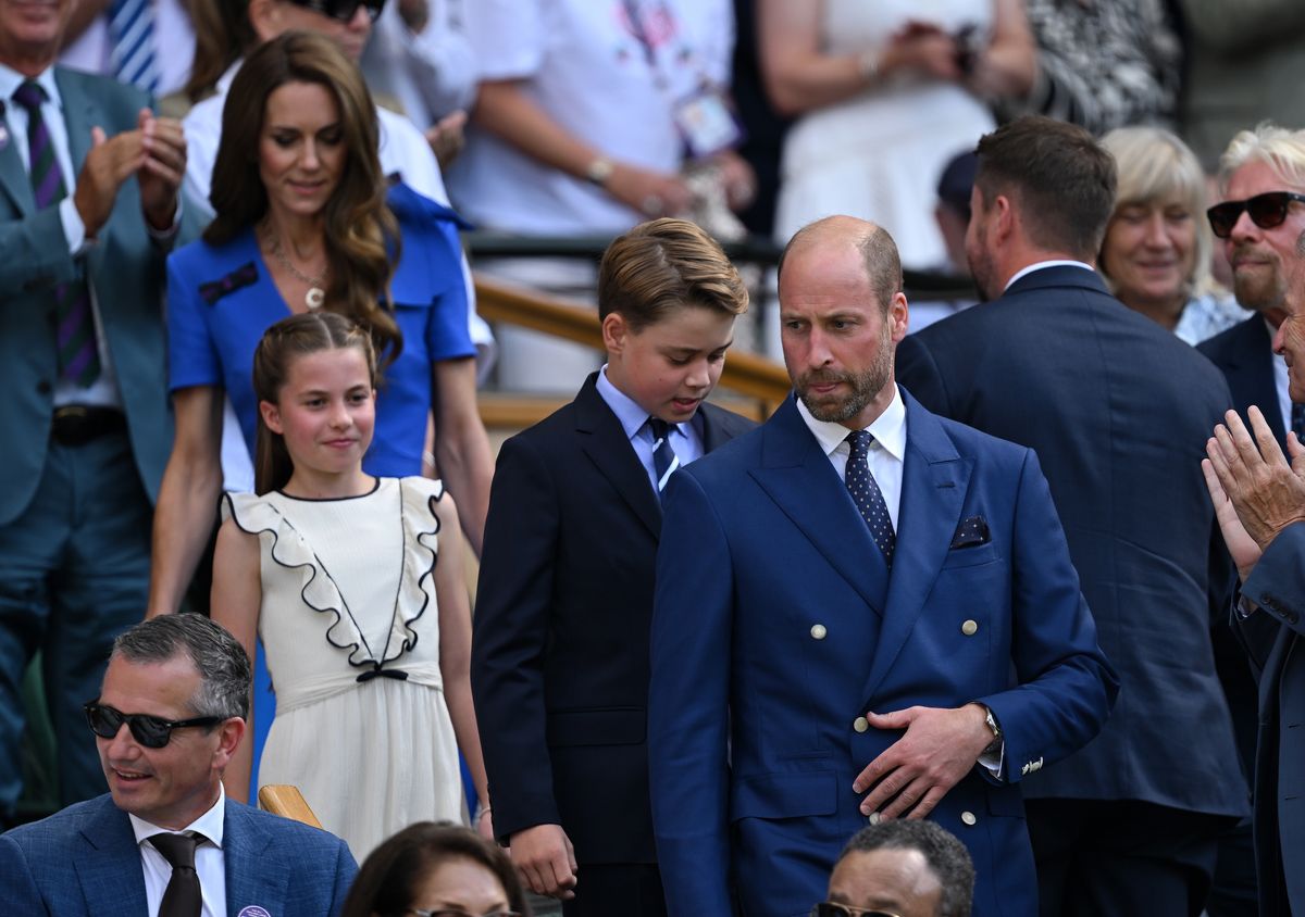 LONDON, ENGLAND - JULY 13: Prince William, Prince of Wales, Prince George of Wales, Princess Charlotte of Wales and Catherine, Princess of Wales, Patron of The AELTC arrive in the Royal Box prior to the Gentleman's Singles Final between Jannik Sinner of Italy and Carlos Alcaraz of Spain on day fourteen of The Championships Wimbledon 2025 at All England Lawn Tennis and Croquet Club on July 13, 2025 in London, England. (Photo by Visionhaus via Getty Images)